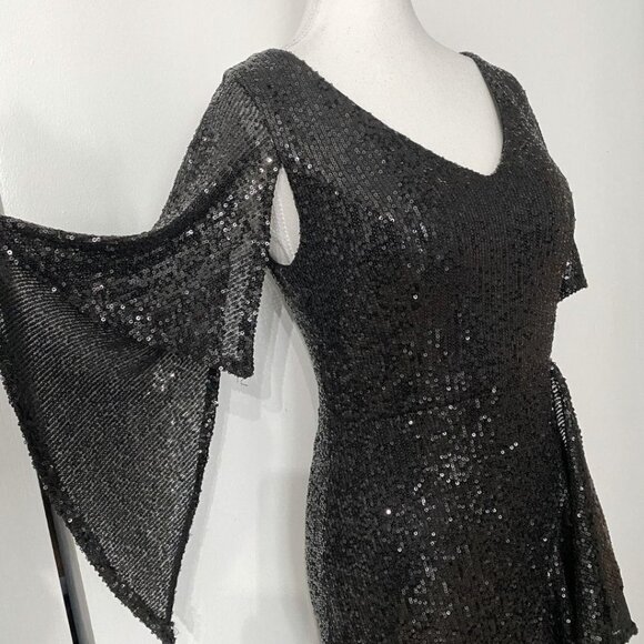 DALIA MACPHEE BLACK SEQUIN FLUTTER SLEEVE RUFFLE COCKTAIL EVENING DRESS - L - Picture 5 of 10